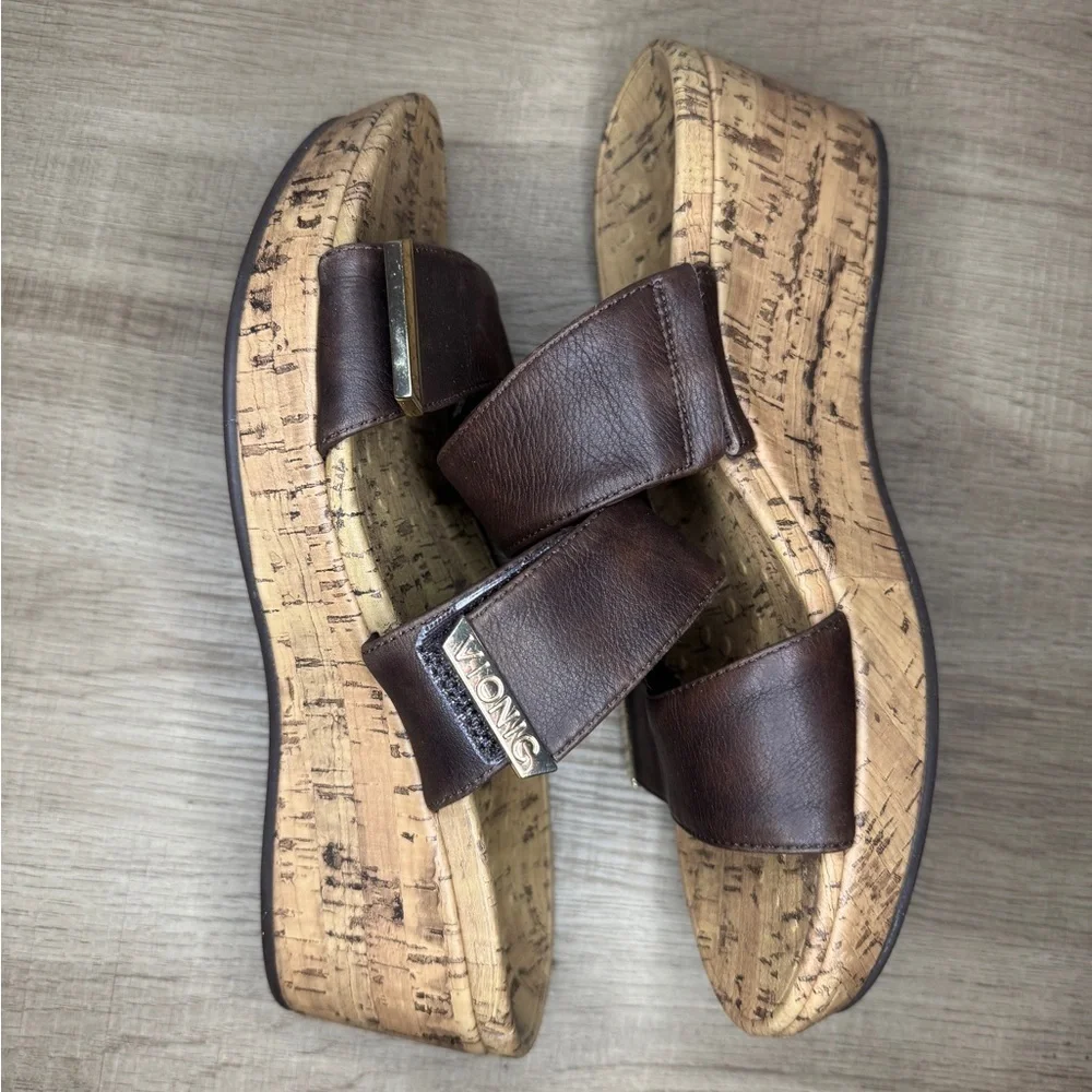 Vionic Pepper Wedge Metallic Brown Slip On Cork Leather Sandals